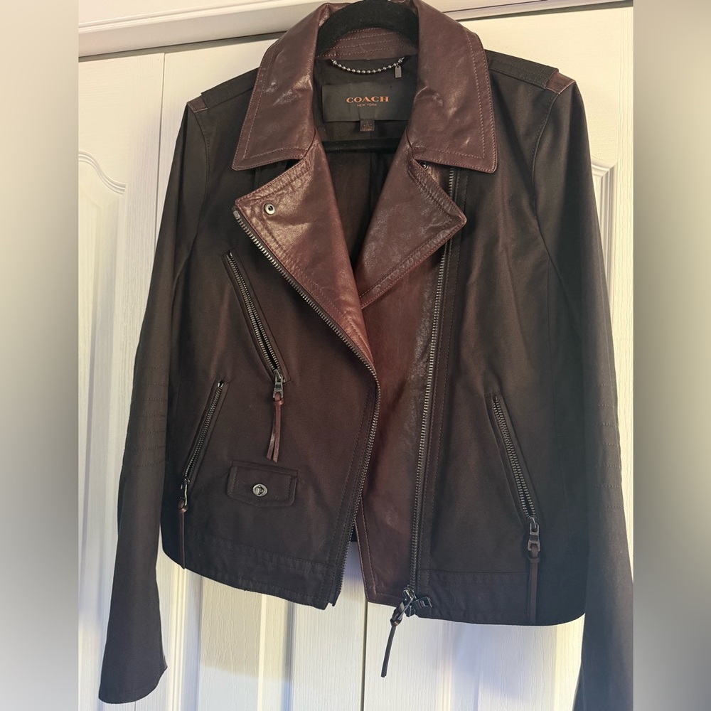 Coach Black with Brown Leather Moto Jacket Asymmetrical Zipper